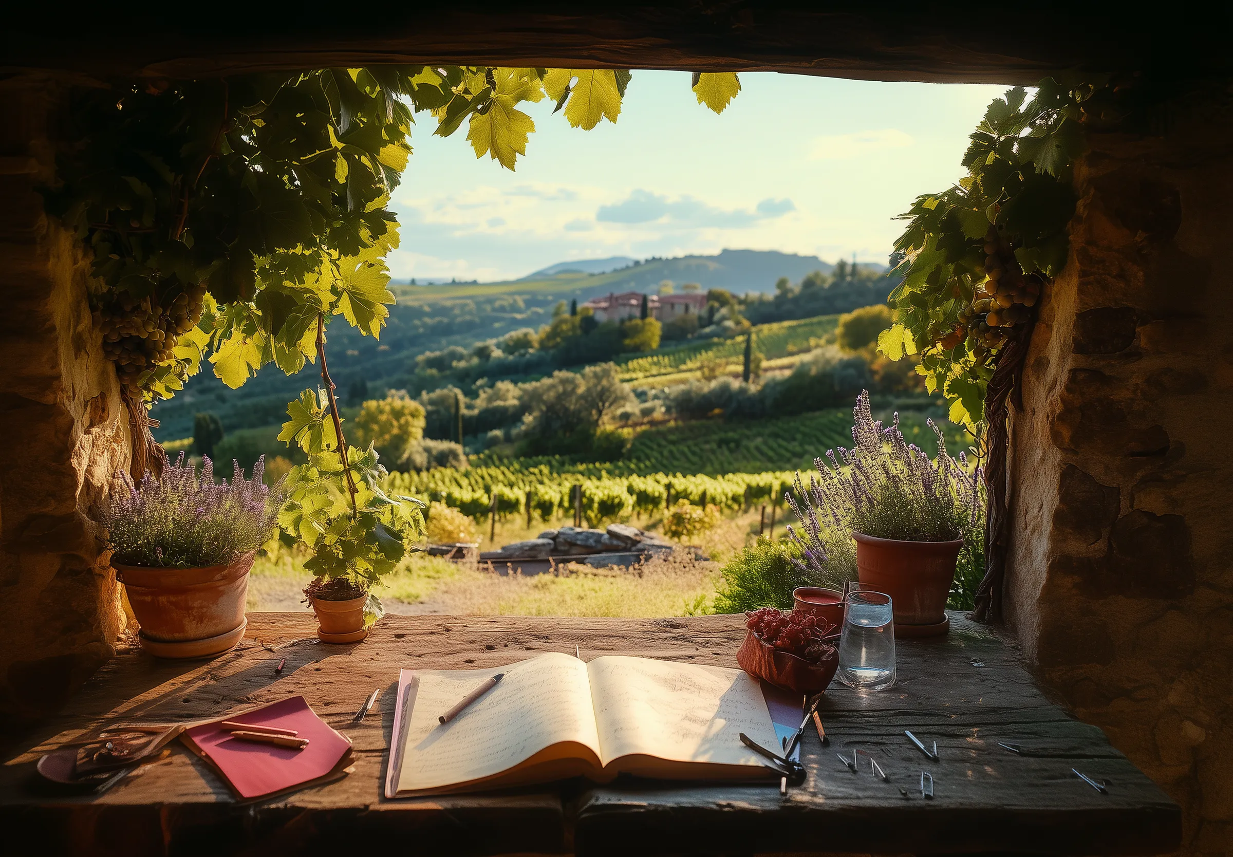 A writing desk beside an open window overlooking a vineyard